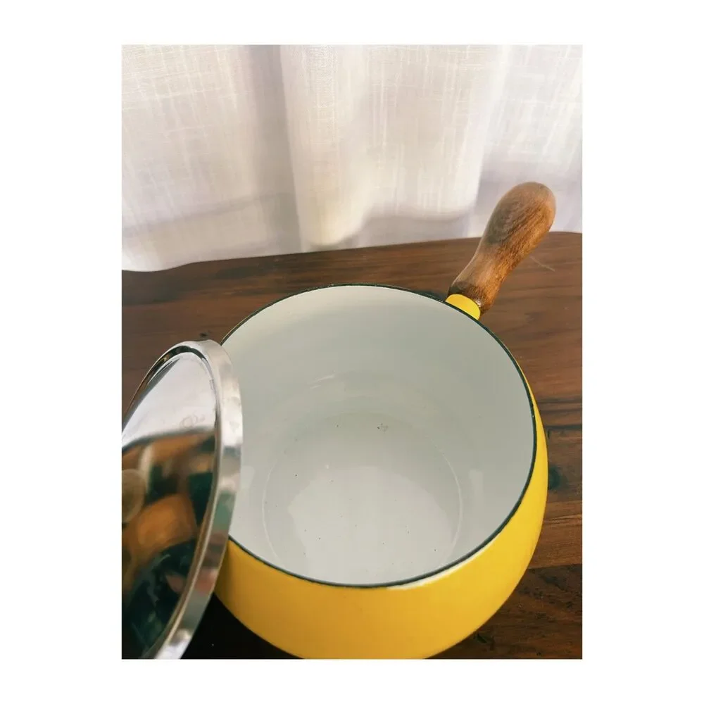 Vintage 1970s Yellow Enamel Fondue Pot Saucepan Wood Handle Copco Style